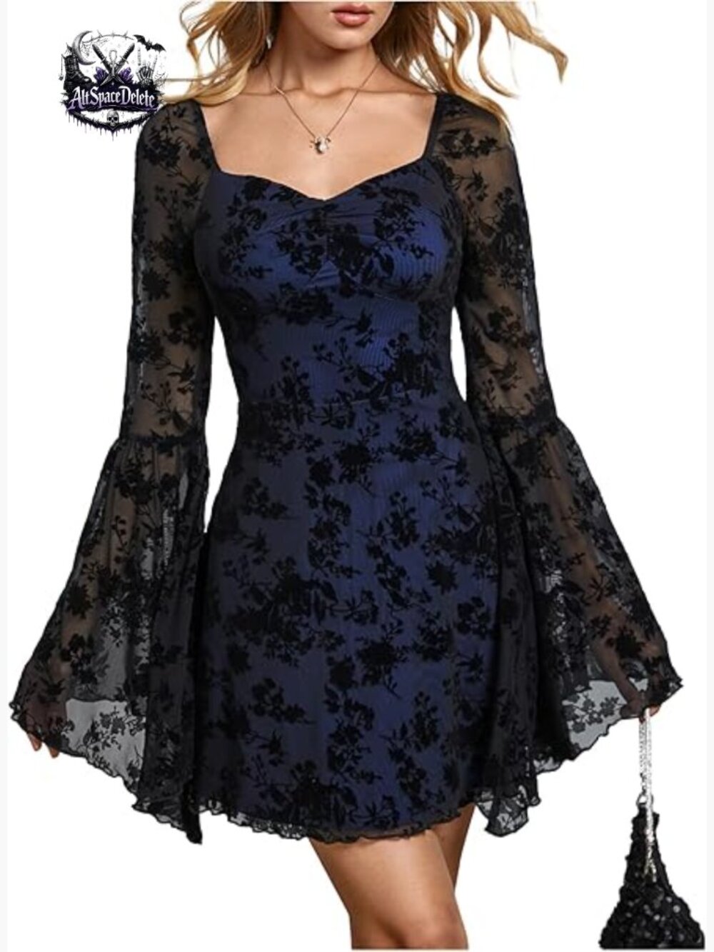 Floral Jacquard Mesh Gothic Dress Long Sleeve A-Line Vintage